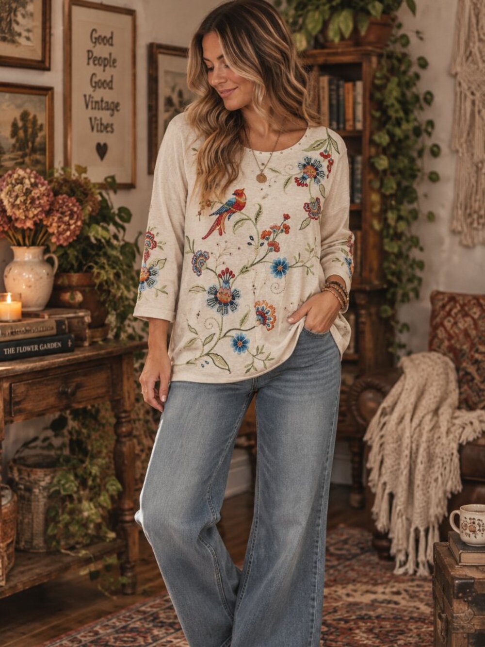 Embroidered Bird & Floral Beaded Boho Top
